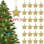 Gold Glitter Star Christmas Ornaments, (24pcs) Tree Hanging Pendant 2025