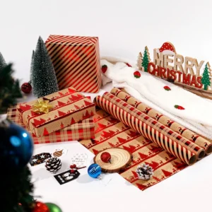 Wrapping Paper Roll Red Gold Metallic Color Deer Xmas Tree Gifts
